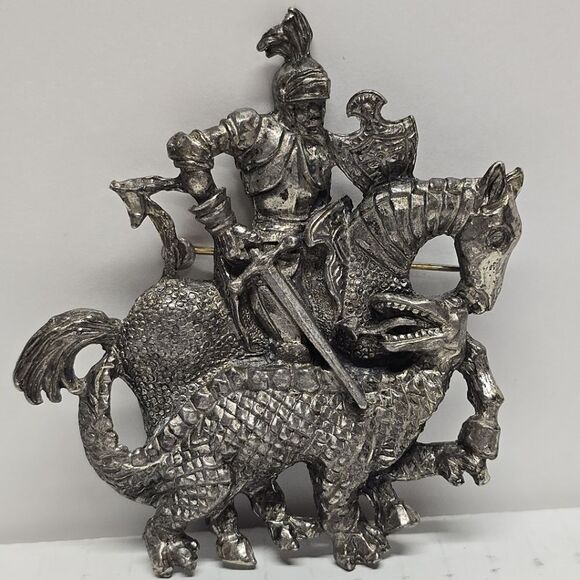 NOT FOR SALE Vintage Silver Tone Knight Dragon Slayer Huge Brooch - Picture 1 of 7